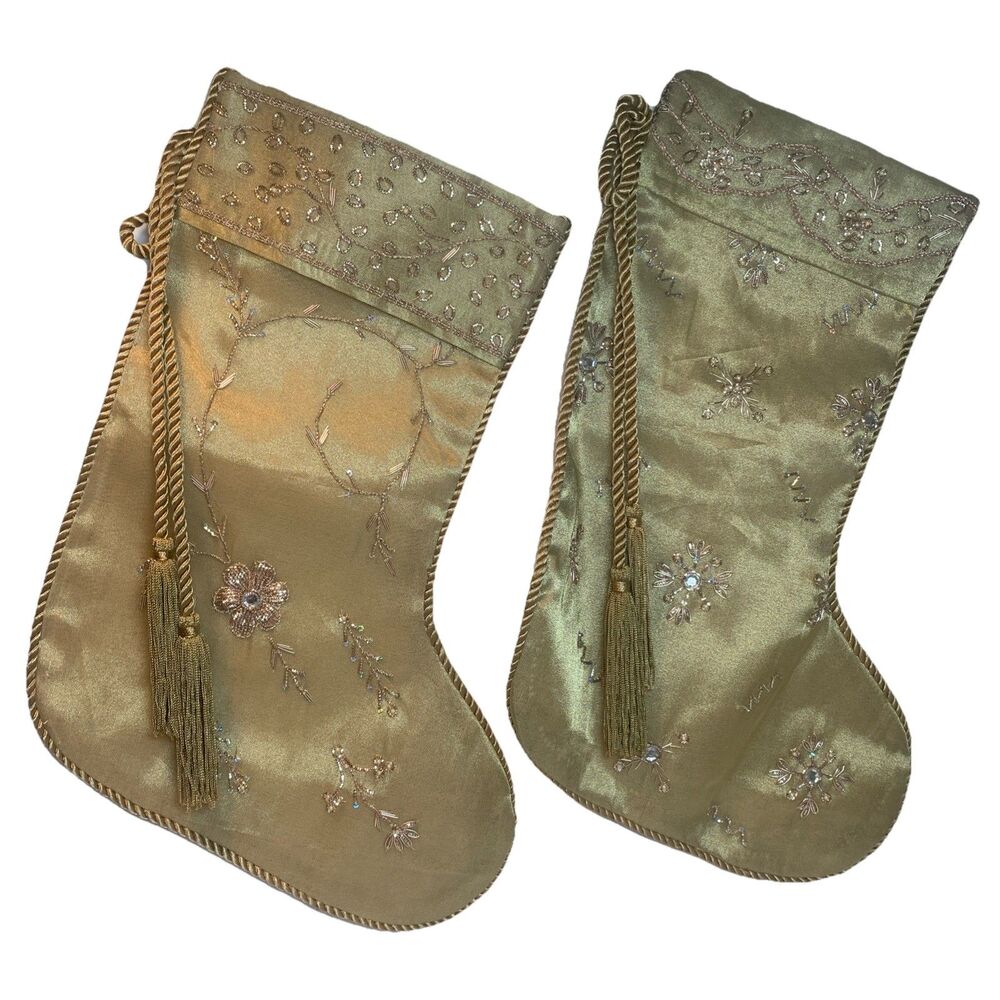 Christmas Stockings Gold Bead Embroidered Pair Holiday Decorations Presents